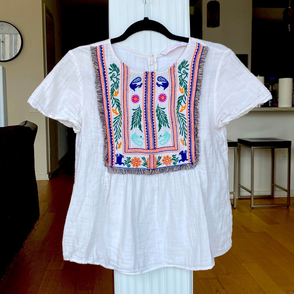 Zara Embroidered Linen Cotton Short Sleeve Shirt